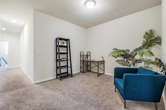 living area featuring light colored carpet and a textured ceiling