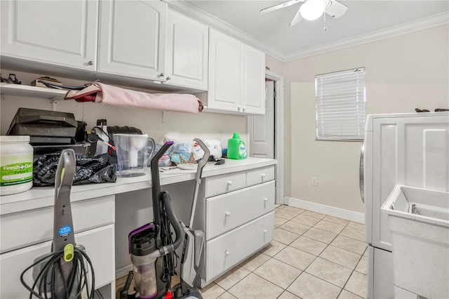 kitchen with white cabinets, ceiling fan, crown molding, and light tile patterned flooring