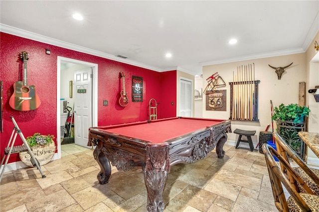 rec room featuring ornamental molding and pool table