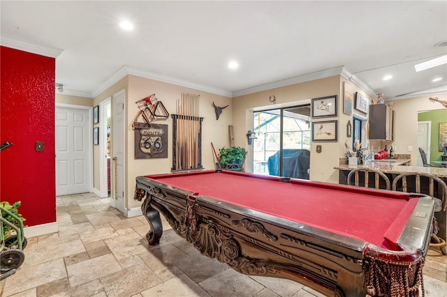 rec room with crown molding and pool table