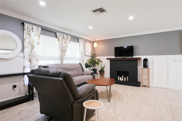 living room featuring crown molding