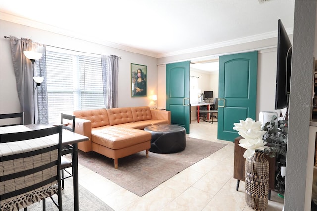 tiled living room with ornamental molding