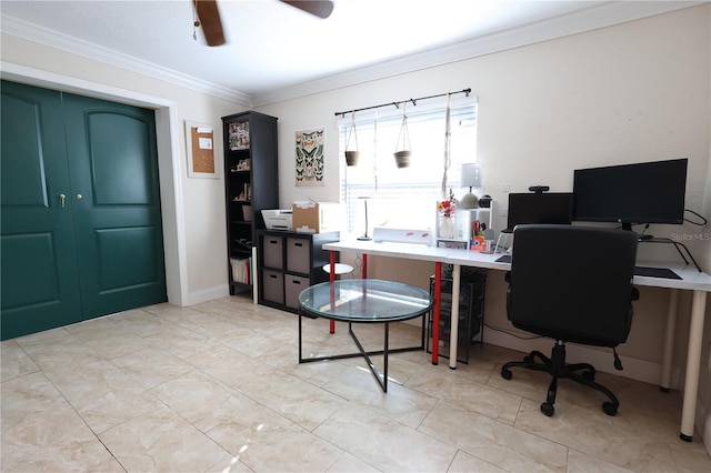 home office with ceiling fan and crown molding