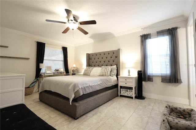 bedroom featuring multiple windows, crown molding, and ceiling fan