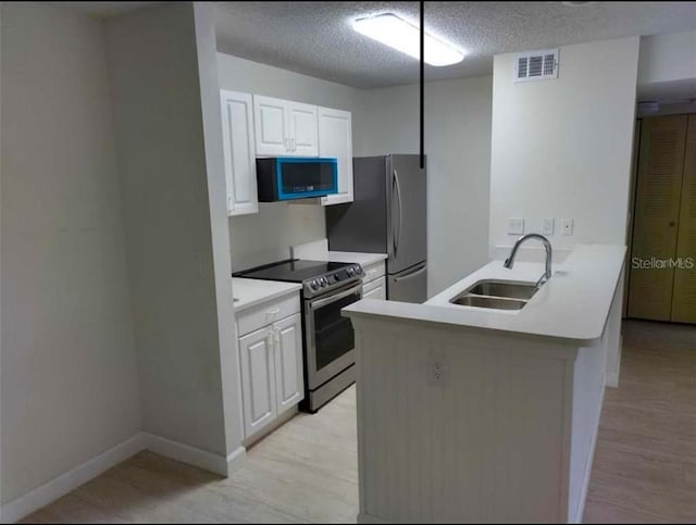 kitchen featuring kitchen peninsula, sink, white cabinetry, and stainless steel appliances