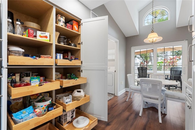 interior space featuring lofted ceiling, washer / clothes dryer, dark hardwood / wood-style flooring, and a healthy amount of sunlight