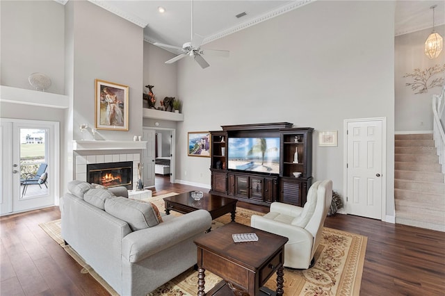 living room featuring a towering ceiling, a fireplace, and dark hardwood / wood-style flooring