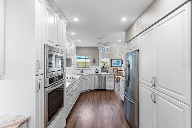 kitchen featuring dark wood-type flooring, ceiling fan, stainless steel appliances, tasteful backsplash, and white cabinets