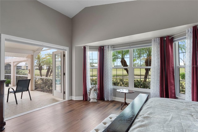 bedroom with lofted ceiling, hardwood / wood-style floors, multiple windows, and access to outside