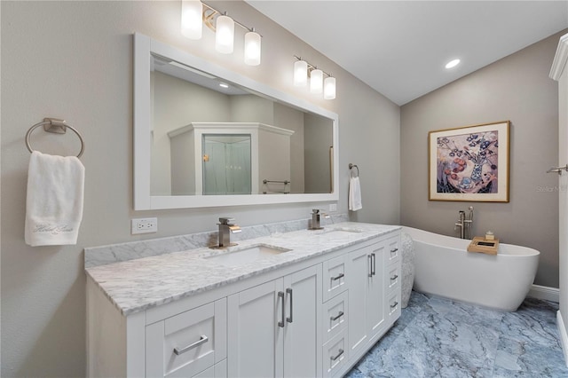 bathroom featuring vanity, lofted ceiling, and a bathing tub