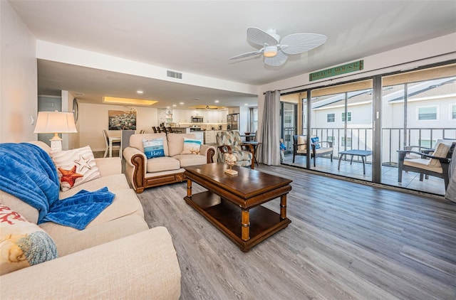 living room with ceiling fan and wood-type flooring