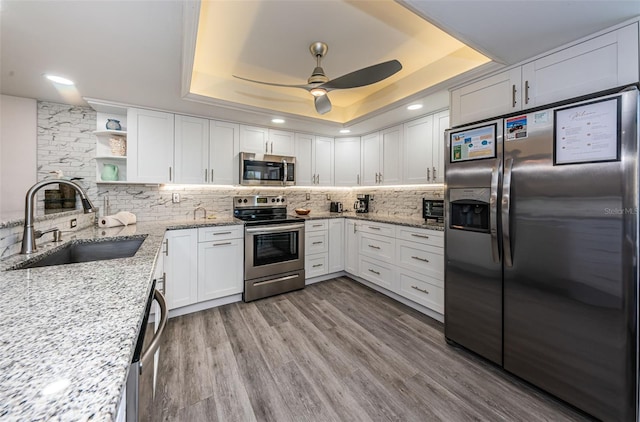 kitchen with white cabinetry, sink, light hardwood / wood-style flooring, a tray ceiling, and appliances with stainless steel finishes