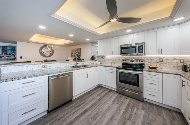 kitchen with white cabinetry, sink, a raised ceiling, hardwood / wood-style floors, and appliances with stainless steel finishes