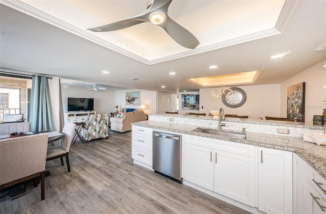 kitchen featuring white cabinetry, sink, stainless steel dishwasher, a tray ceiling, and light wood-type flooring