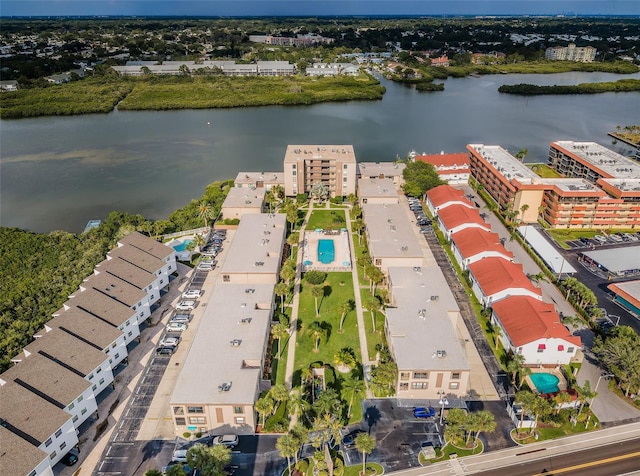 drone / aerial view with a water view