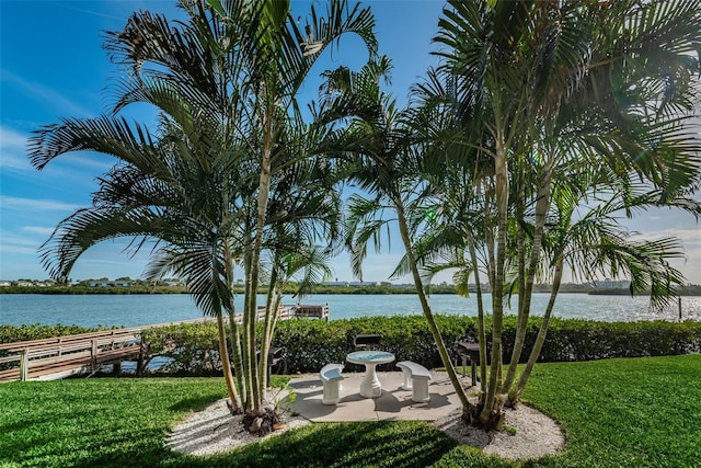 surrounding community with a yard and a water view