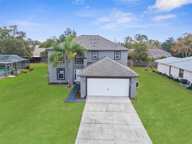 front of property featuring a garage, a lanai, a front yard, and central AC