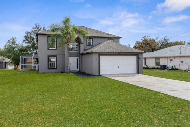 view of front facade with a front lawn and a garage