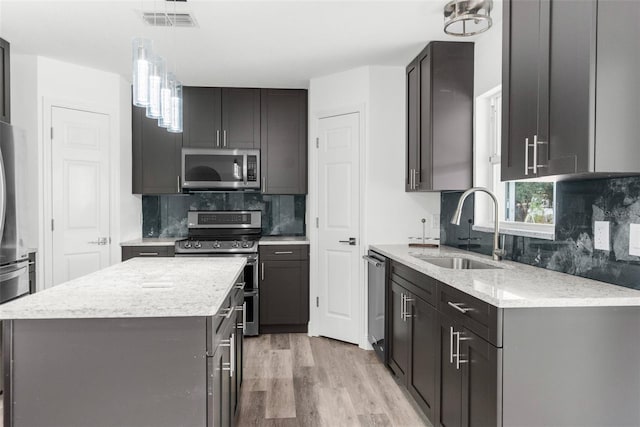 kitchen featuring a center island, sink, light wood-type flooring, appliances with stainless steel finishes, and tasteful backsplash