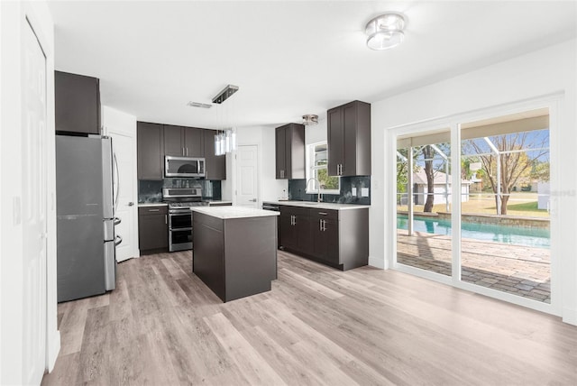 kitchen with appliances with stainless steel finishes, light wood-type flooring, sink, pendant lighting, and a center island