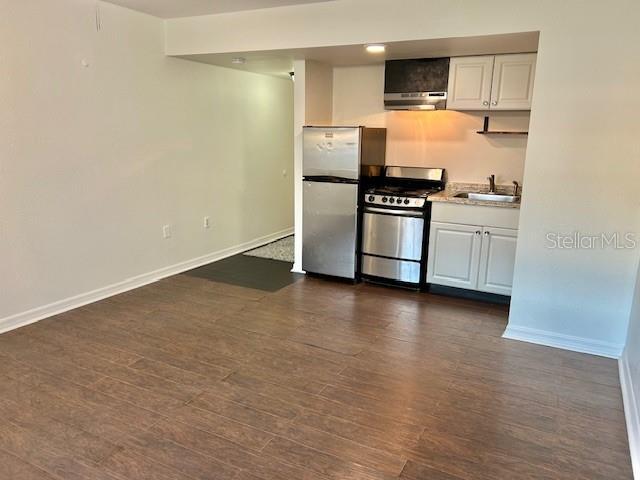 kitchen with white cabinetry, extractor fan, stainless steel appliances, dark wood-type flooring, and sink