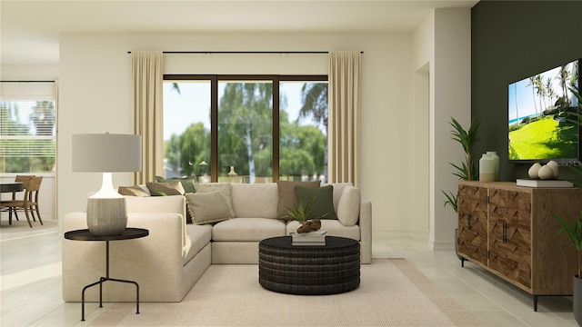 tiled living room with a wealth of natural light