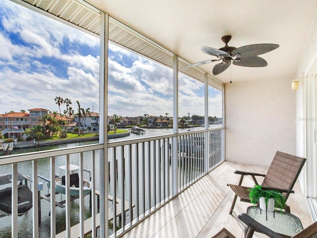 exterior space featuring ceiling fan and a water view