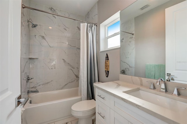 full bathroom featuring vanity, shower / bath combination with curtain, and toilet