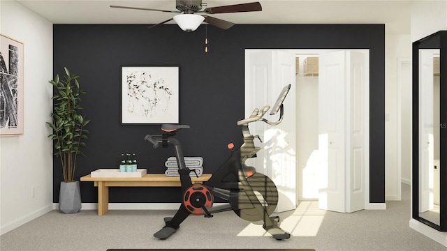 workout room with carpet flooring and ceiling fan