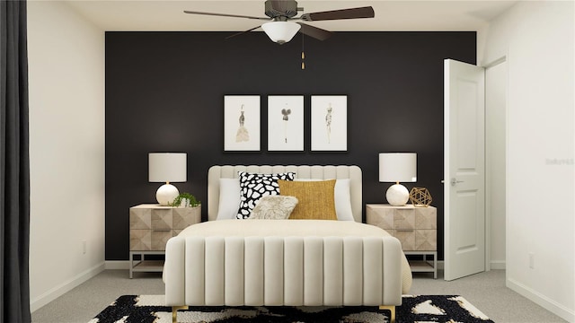 bedroom with light carpet and ceiling fan