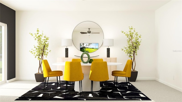 carpeted dining area featuring ceiling fan