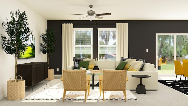 living room featuring carpet flooring and ceiling fan