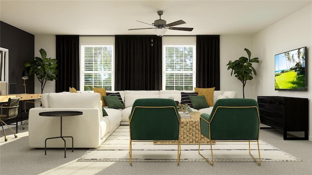 carpeted living room featuring ceiling fan