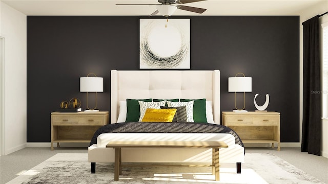 bedroom featuring light colored carpet and ceiling fan