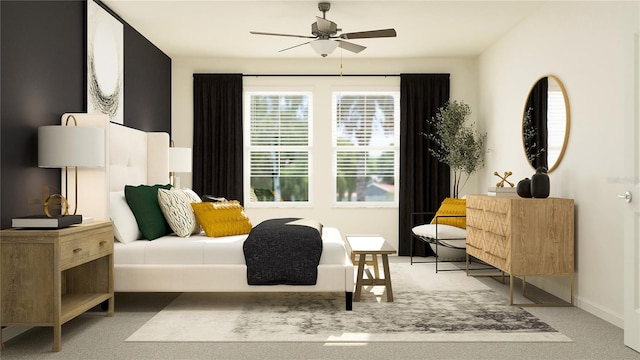 bedroom with ceiling fan and carpet