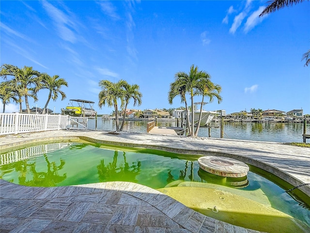 view of pool with a dock and a water view