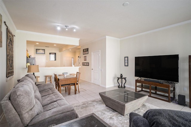 tiled living room featuring a textured ceiling and crown molding