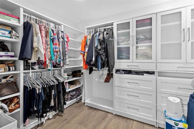 walk in closet with light hardwood / wood-style floors