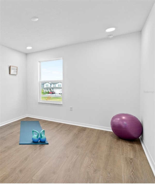 exercise room featuring light hardwood / wood-style floors