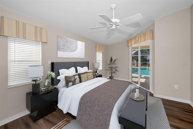 bedroom featuring access to exterior, ceiling fan, and dark hardwood / wood-style flooring