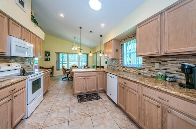 kitchen featuring kitchen peninsula, decorative backsplash, white appliances, decorative light fixtures, and lofted ceiling