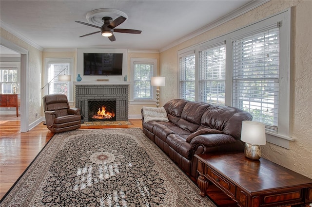 living room featuring a fireplace, light hardwood / wood-style floors, plenty of natural light, and ceiling fan