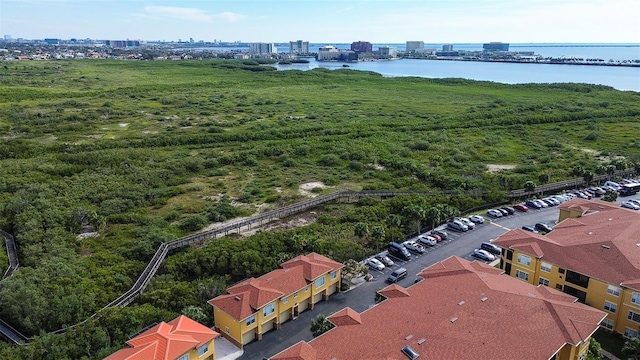 drone / aerial view with a water view