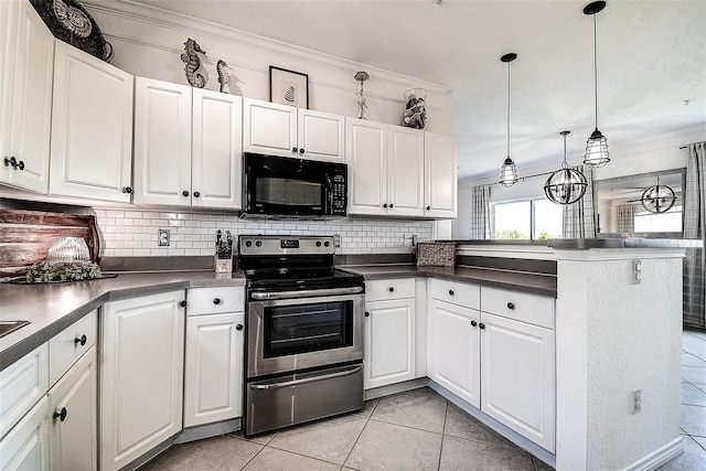 kitchen featuring white cabinetry, stainless steel electric stove, kitchen peninsula, and pendant lighting