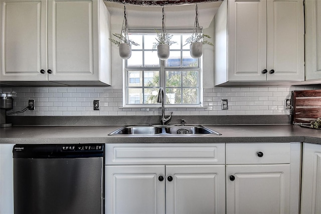 kitchen with white cabinets, decorative backsplash, sink, and dishwasher