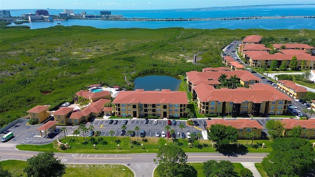 bird's eye view with a water view