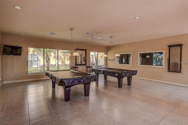 rec room with ceiling fan, billiards, and light tile patterned floors