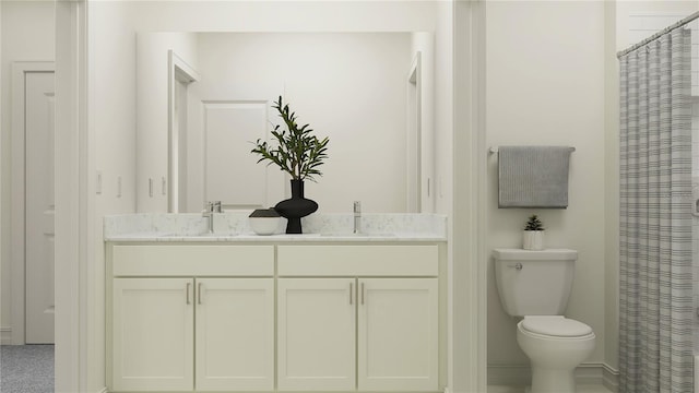 bathroom with curtained shower, vanity, and toilet