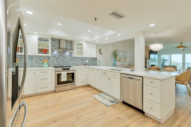 kitchen with wall chimney range hood, sink, white cabinetry, kitchen peninsula, and stainless steel appliances