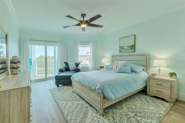 bedroom with ceiling fan, light hardwood / wood-style floors, ornamental molding, and access to outside